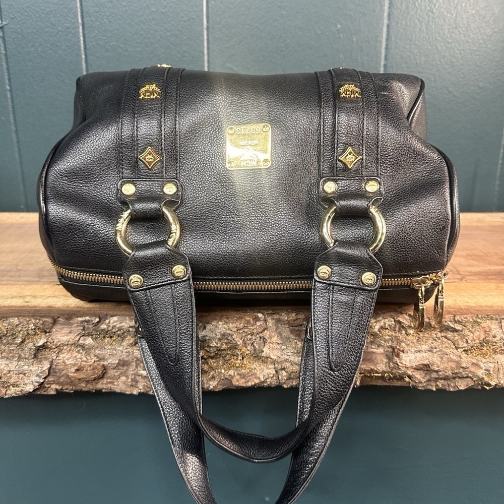 MCM Munchen Black Leather Mini Boston Bowler Satchel Bag Gold Vintage - Picture 7 of 12